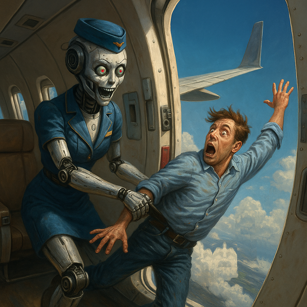 Illustration pour Crash Airlines remplace son équipage par des robots humanoïdes (susceptibles)